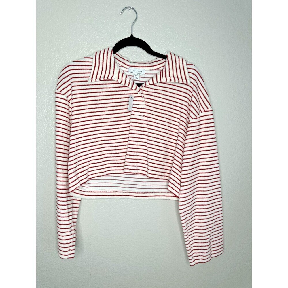 Topshop Pullover Womens XS Long Sleeve Cropped Soft White Red Striped Collared